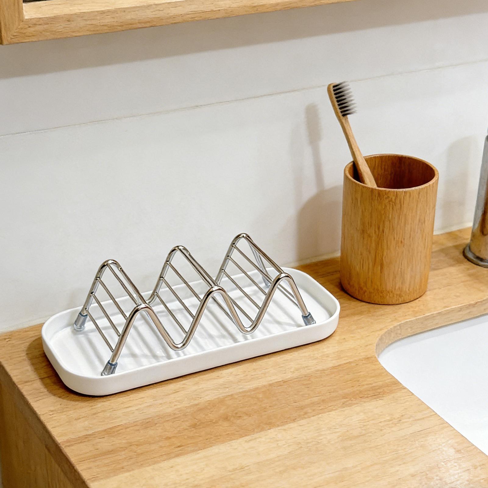 Soap Dish Draining - ที่วางสบู่สแตนเลสพร้อมถาด ที่วางสบู่แบบระบายน้ำได้เอง ที่วางฟองน้ำแบบมีรูระบายน้ำ สำหรับห้องน้ำ ใช้เก็บสบู่และแปรงทำความสะอาด
