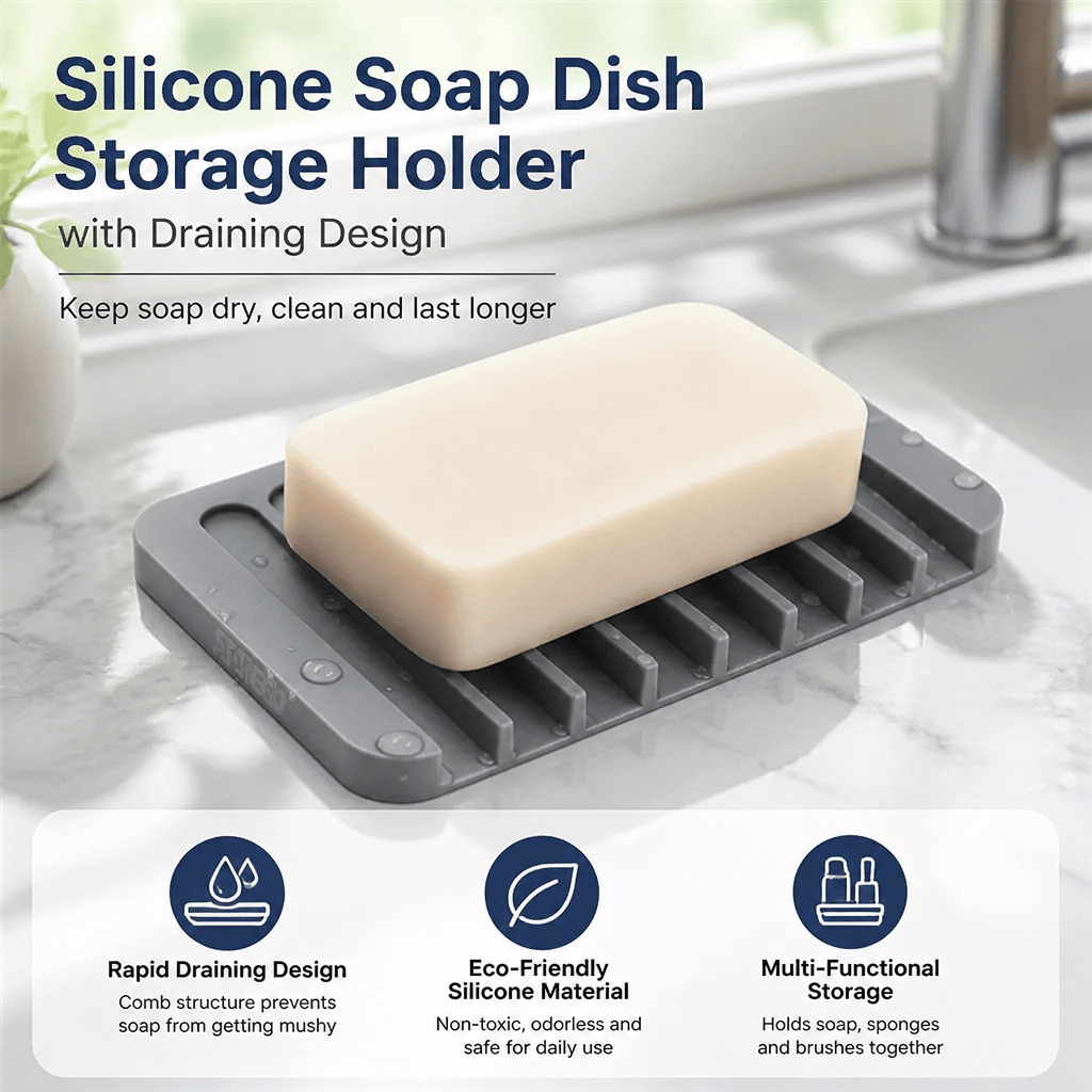 Soap Dish Draining - ที่วางสบู่ซิลิโคนแบบมีช่องระบายน้ำ อุปกรณ์จัดระเบียบห้องน้ำและห้องครัว เป็นมิตรต่อสิ่งแวดล้อม ถาดวางฟองน้ำกันลื่น อุปกรณ์เสริมสำหรับห้องอาบน้ำ ระบายน้ำได้รวดเร็ว