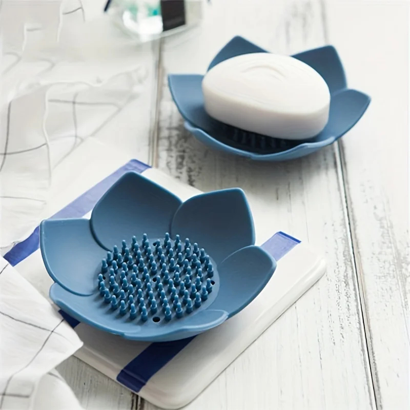Soap Dish Draining - กล่องใส่สบู่ในห้องน้ำ 1 ชิ้น ลายดอกบัว ที่วางสบู่ซิลิโคน กล่องใส่สบู่แบบมีรูระบายน้ำ
