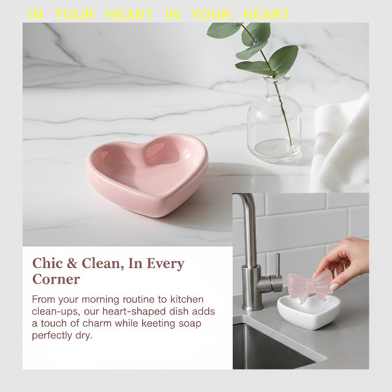 Soap Dish Draining - 【X】ที่วางสบู่รูปหัวใจ เซรามิก ดีไซน์โบว์น่ารัก ระบายน้ำได้เอง ถาดสบู่กันน้ำสำหรับห้องน้ำ ของขวัญสำหรับสาวๆ